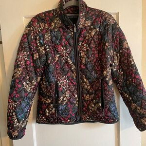 Lands' End Puffer Jacket Black and Floral Quilted Design